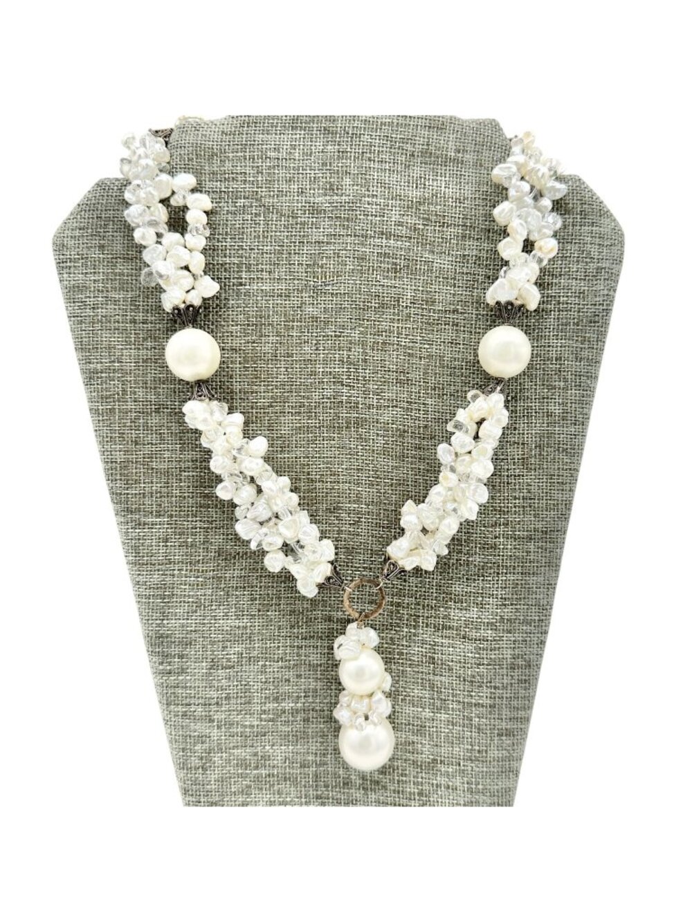 Vintage Faux Pearl Beaded Necklace Adjustable Toggle Closure Ornate Slvr Accents